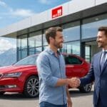 Autoverkauf in der Schweiz: Käufer und Verkäufer schütteln sich vor einem Autohaus die Hand.