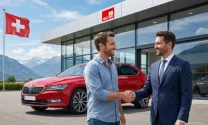 Autoverkauf in der Schweiz: Käufer und Verkäufer schütteln sich vor einem Autohaus die Hand.