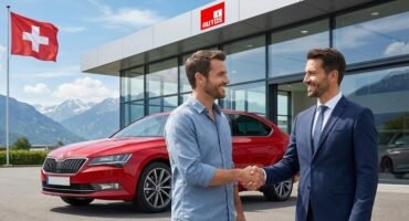 Autoverkauf in der Schweiz: Käufer und Verkäufer schütteln sich vor einem Autohaus die Hand.