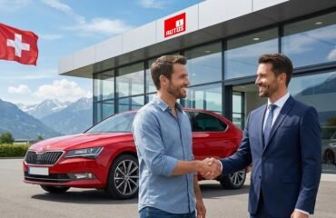 Autoverkauf in der Schweiz: Käufer und Verkäufer schütteln sich vor einem Autohaus die Hand.