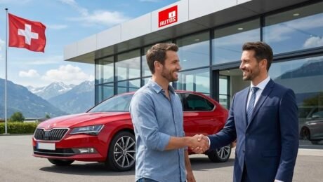 Autoverkauf in der Schweiz: Käufer und Verkäufer schütteln sich vor einem Autohaus die Hand.